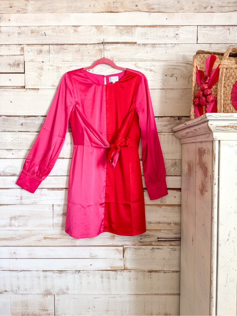 Women’s Two-Tone Fuchsia Pink Satin Tie-Waist Dress